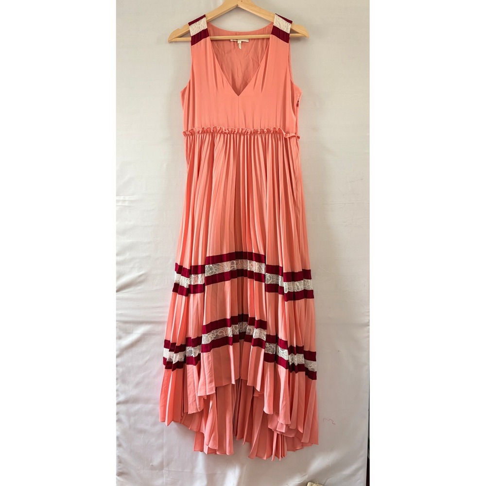 Maje Pleated Maxi Dress Coral Pink Lace Velvet Trim High Low V-Neck Size 2